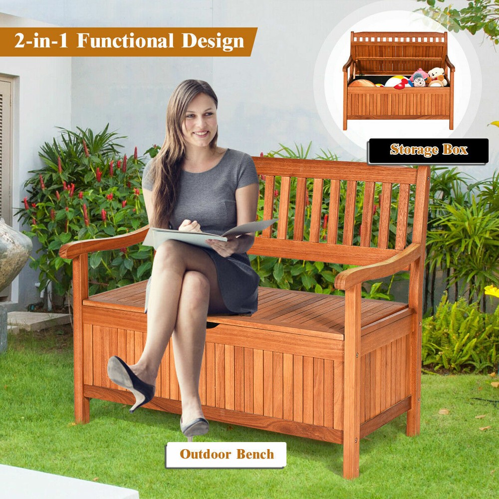 42" Storage Bench Deck Box Solid Wood Seating Container Tools Toys W/Backrest