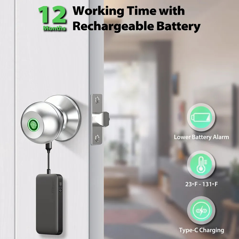 Biometric Fingerprint Door Lock Keyless Entry Smart Door Knob w/ App Control