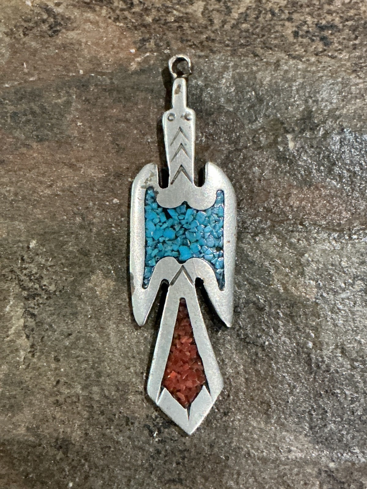 OLD TOMMY SINGER Navajo Sterling Turquoise&Coral Chip Peyote Bird Pendant T ☾