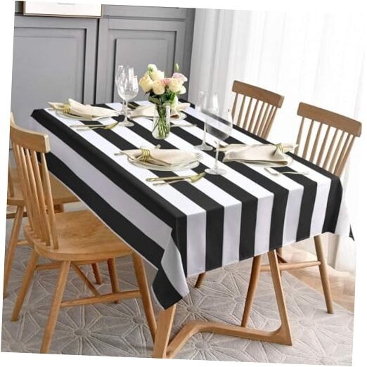 and White Striped Tablecloth for Rectangle 104" x 60" (Rectangular) Black