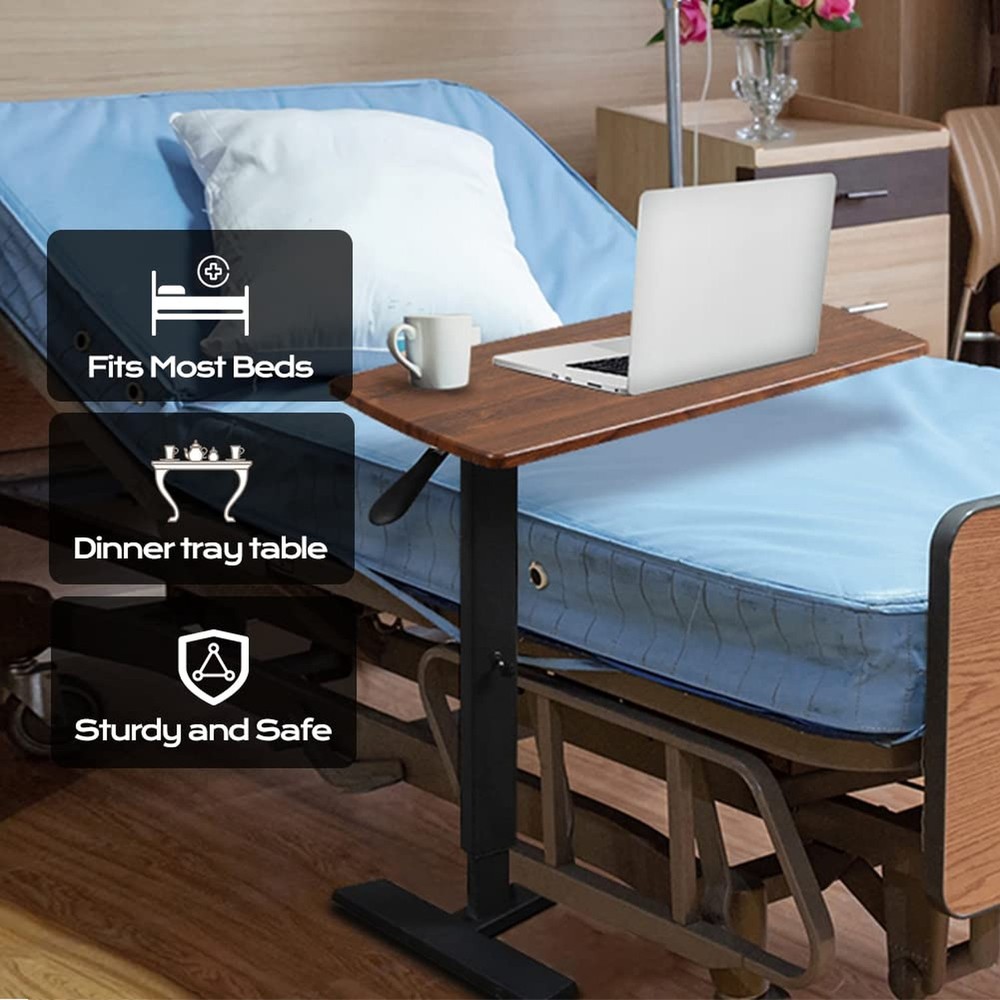 Over Bed Table Pneumatic Adjustable Height Stand Desk with Hidden Wheels USB ...