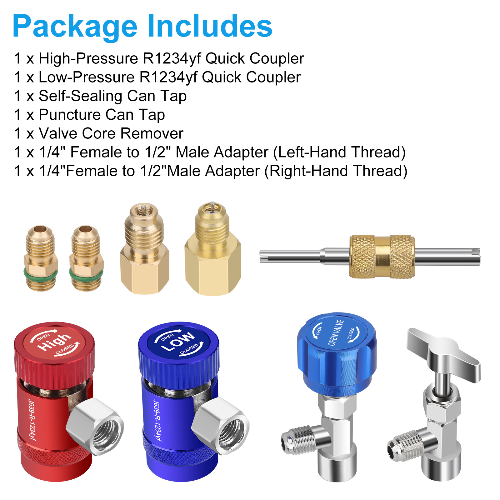 Car A/C R1234YF Quick Coupler Adapter Set with Self-Sealing & Puncture Can Tap