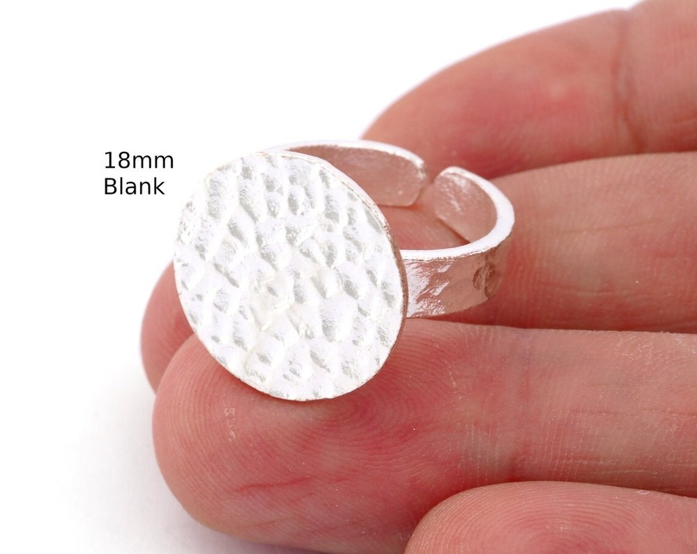 Round Disc Hammered Adjustable Ring Blank - Shiny silver plated Brass 4948