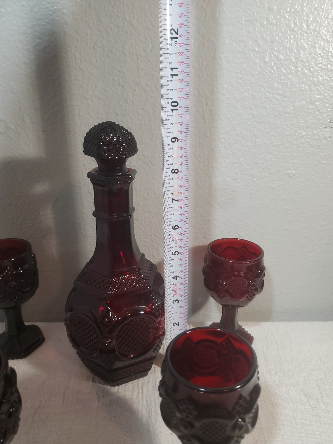 VTG Avon Decanter 4 Small Goblets 1876 Cape Cod Ruby Red Glass Victorian Gothic