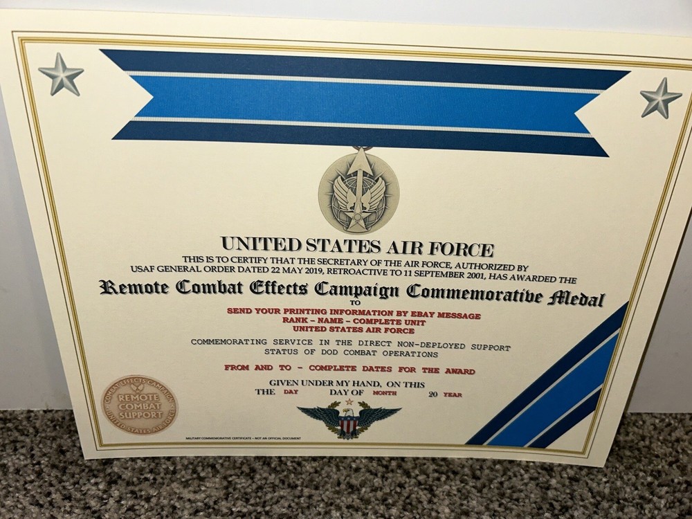 REMOTE COMBAT EFFECTS CAMPAIGN MEDAL COMMEMORATIVE CERTIFICATE ~ W/PRINTING T-1