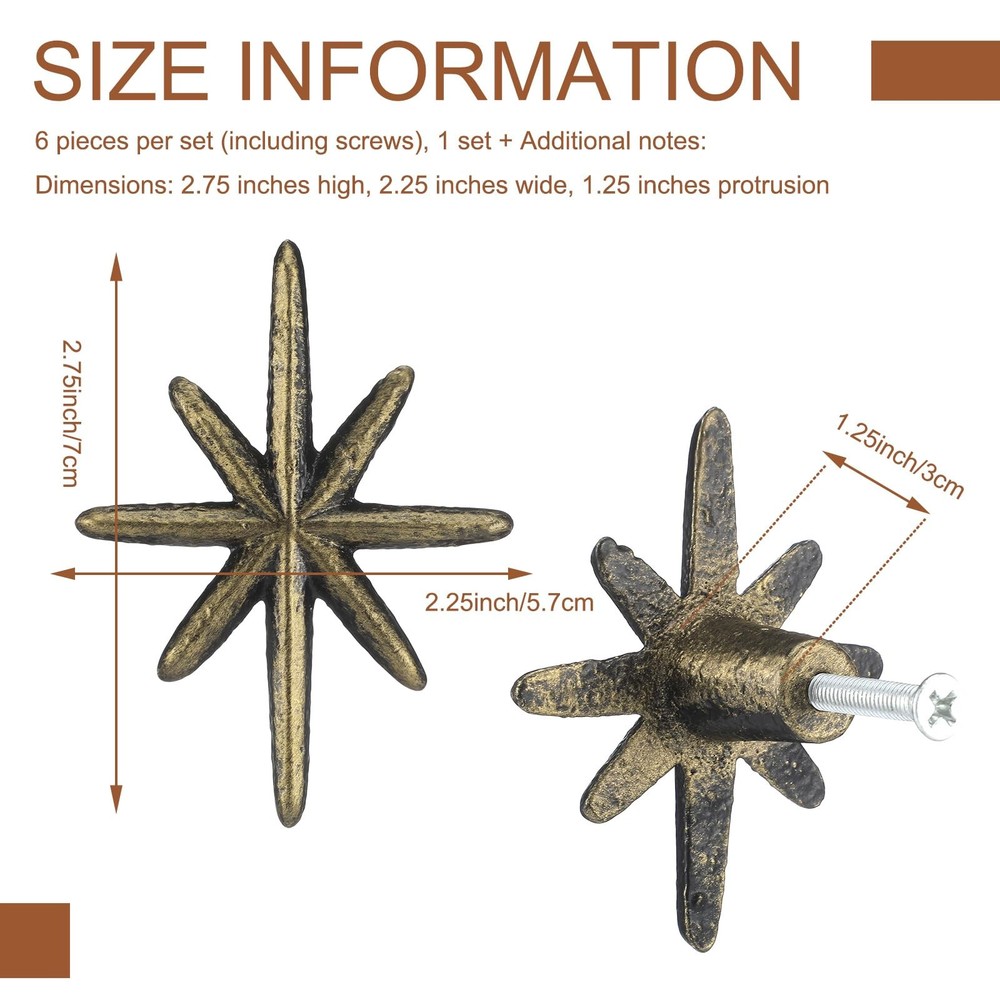 6 Set Unique Antique Gold Cast Iron Drawer Pulls & Cabinet Knobs, 8-Pointed S...