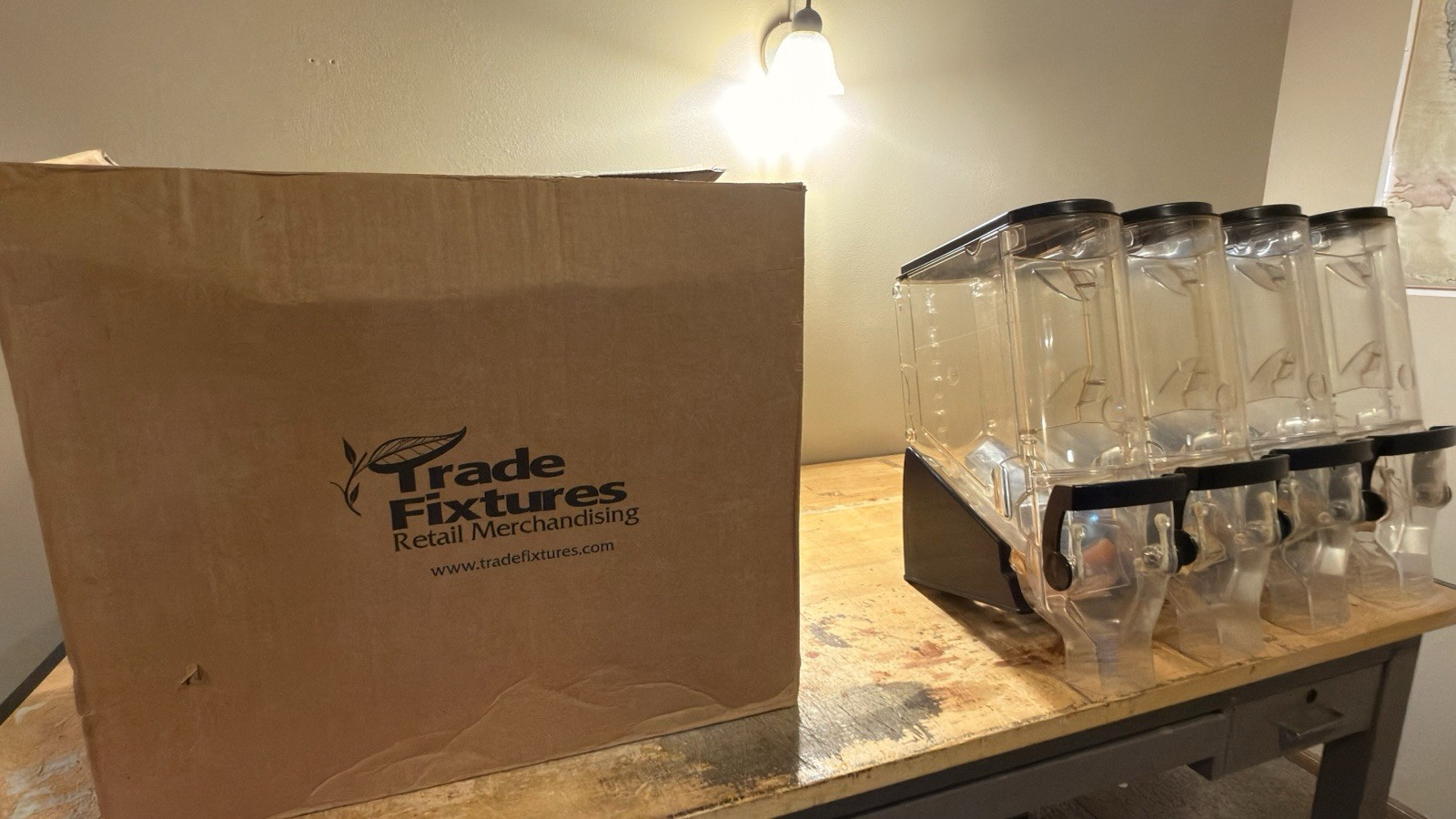 Trade Fixtures Radeus Model 618 / 624 4 Gravity Bin Dispenser 5 Gallon 6 x 18