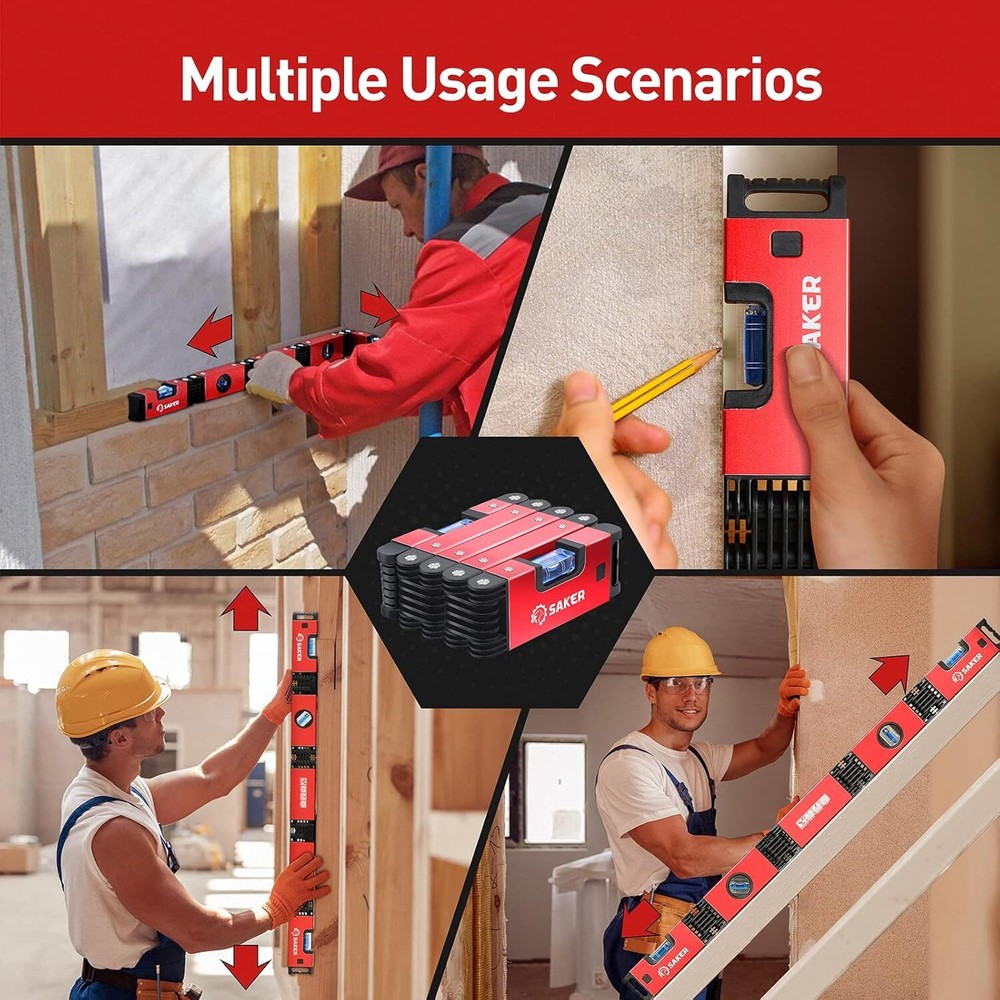 Saker Multi-function Foldable Level, 28-Inch Multi-Angle Measurement Red