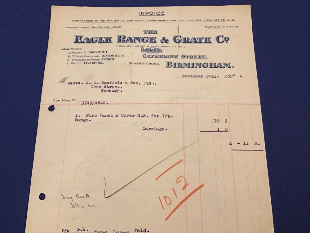 The Eagle Range & Grate Co Birmingham Fire Panel & Cover 1924 Receipt R43354
