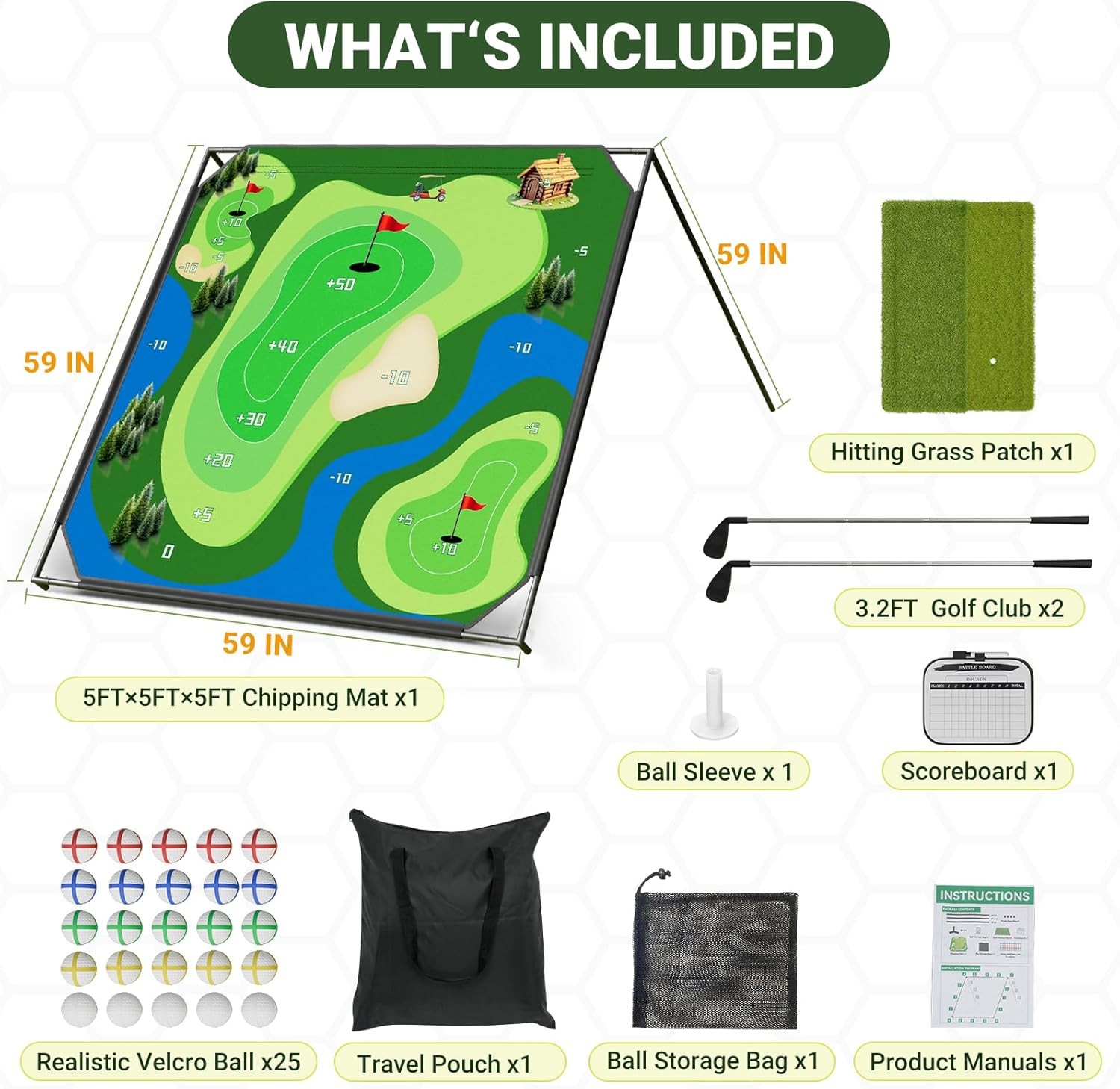 NAIZEA 2 in1 Battle Golf Chipping Game with 59”x59” / 80”x80” Large Chipping Mat