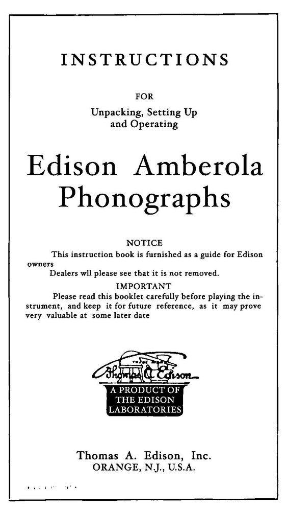 Phonograph Operator Instruction Manual Fits Edison Amberola
