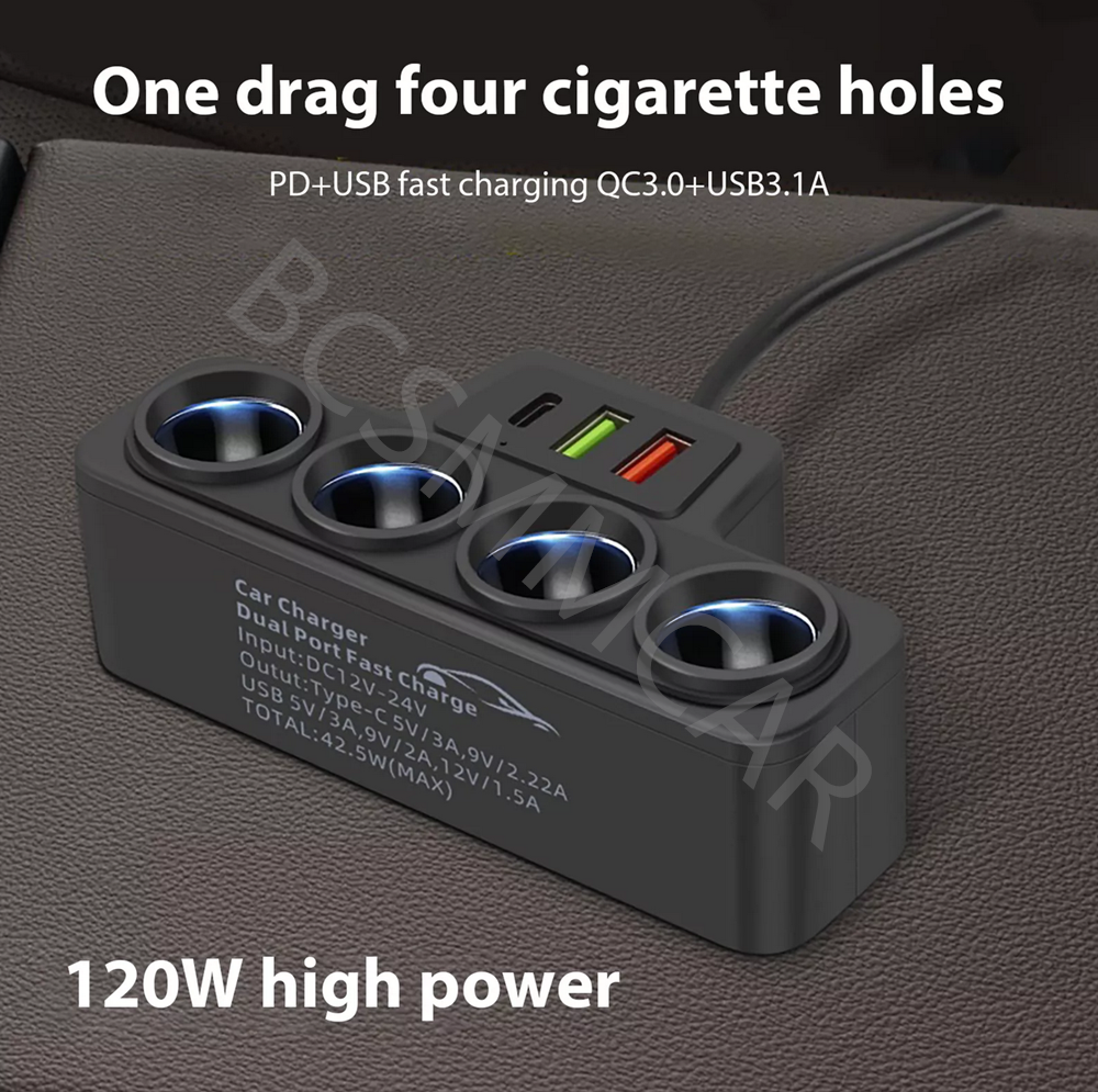 4 Way Car Cigarette Lighter Adapter QC3.0 Quick Charger Socket Splitter Outlet