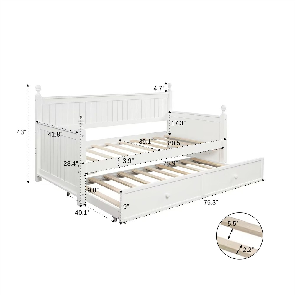 Twin Size Daybed Wood Bed Frame Sofa Bed with Pull-Out Trundle Bed White