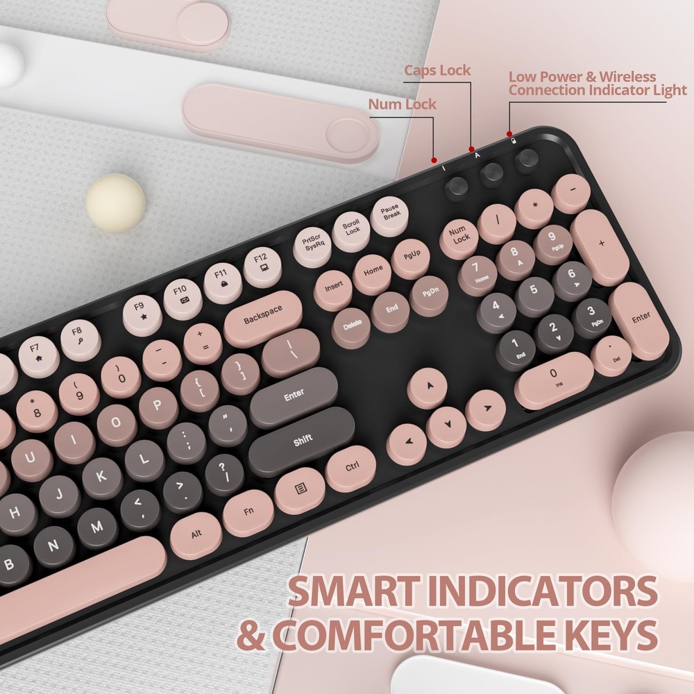 Pink Wireless Keyboard Mouse Combo Full Size Typewriter Number Pad Cute