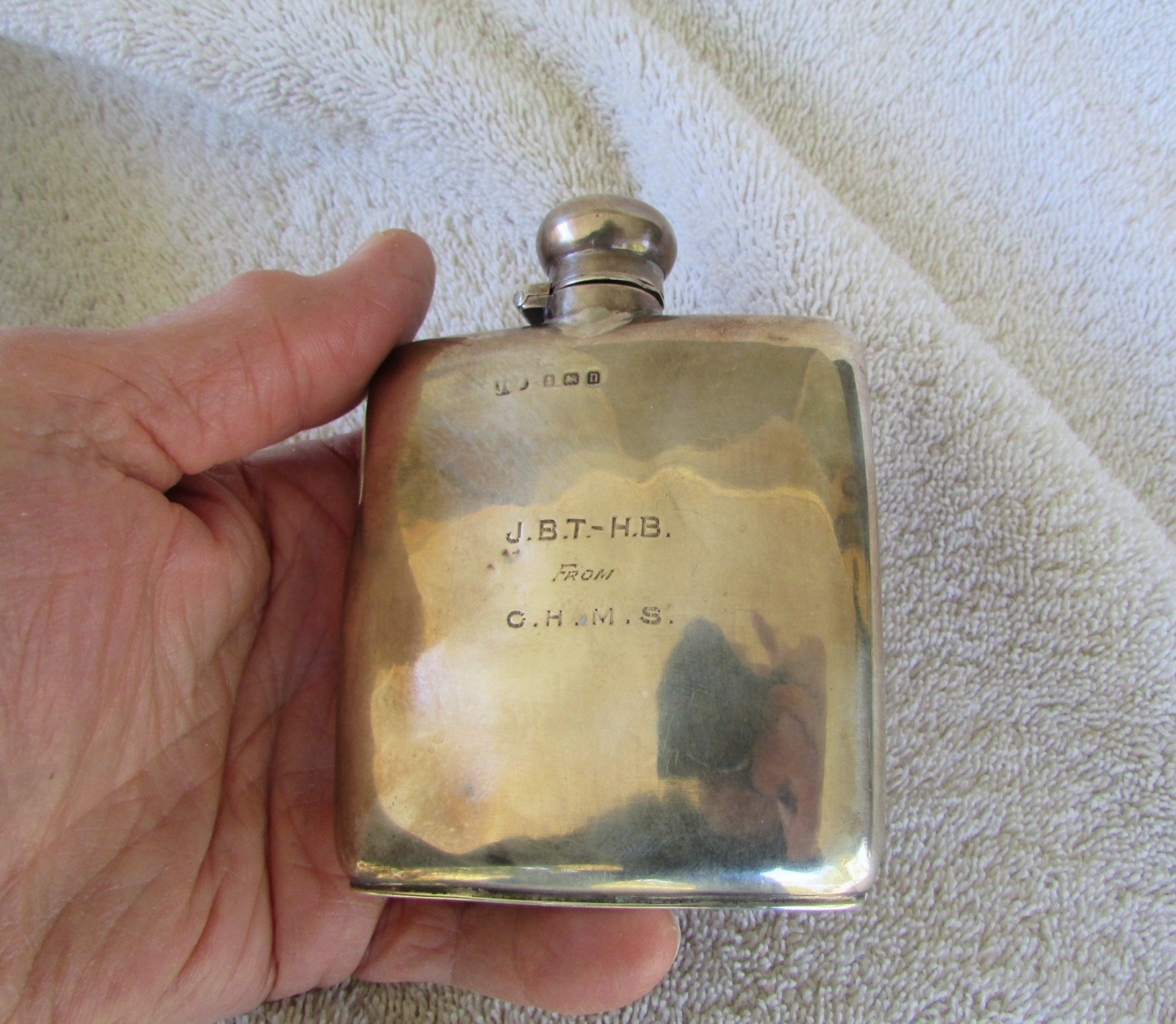 Vtg 4"x3" 85 grams Sterling Silver Hip Whiskey Flask Engraved+Hallmark markings