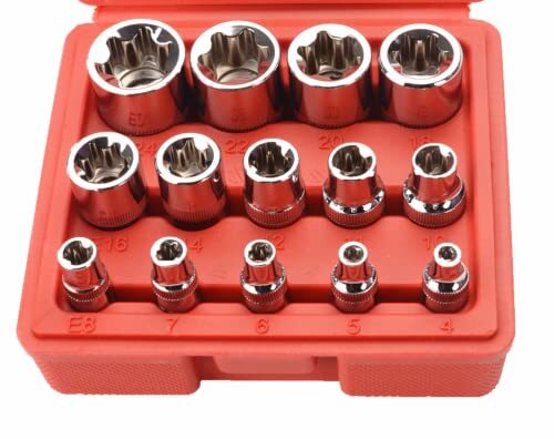 14 Pieces Female Etorx Star Socket Set E4 E24 Torque Socket Set 1/4" 3/8" 1/2" D