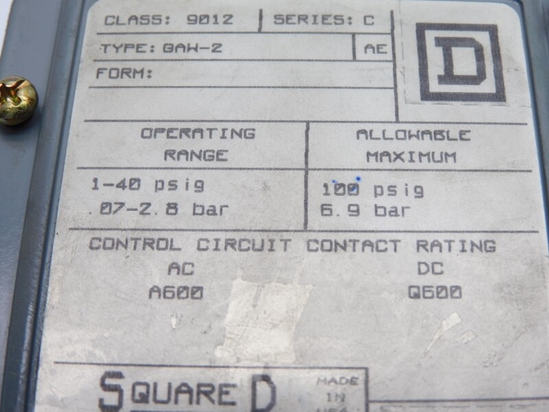 SQUARE D 9012GAW2 SER. C 1-40PSI UNMP