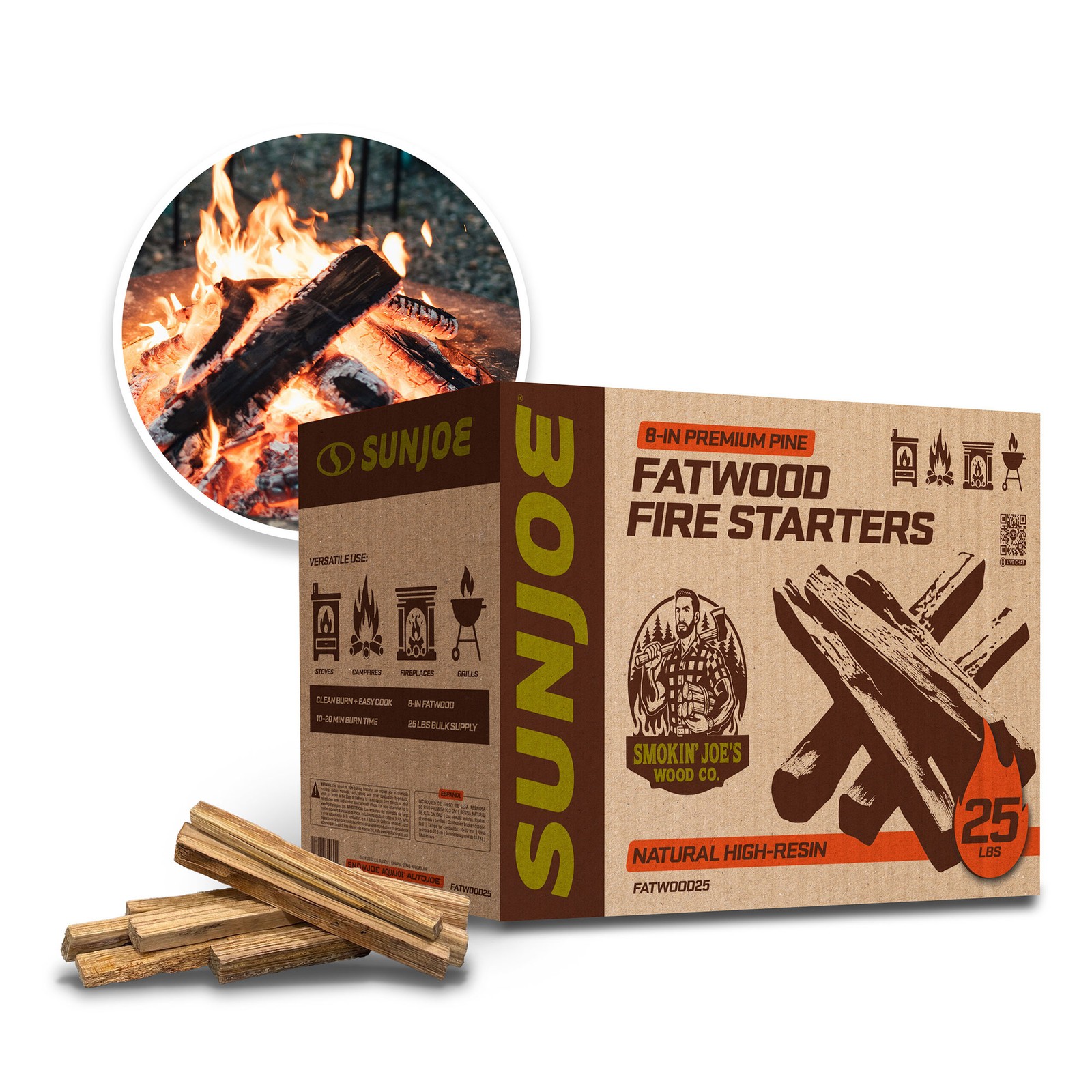 Sun Joe 25 Lb Fatwood Fire Starter Sticks for Fireplace, Wood Stove & Grill Use