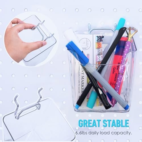 Large Pegboard Cups Peg Board Storage Bin 6 Pack with Hooks, Square Box Clear