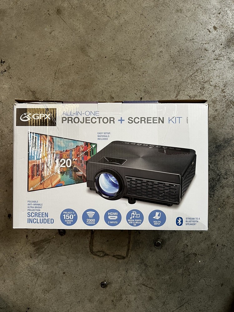 GPX All-In-One Projector Screen Kit Bluetooth Extra Bright Screen new never used