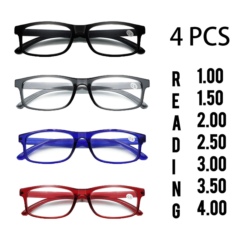4 Pair Rectangular Spring Hinge Power Reading Reader Glasses For Men Women 1-3.0