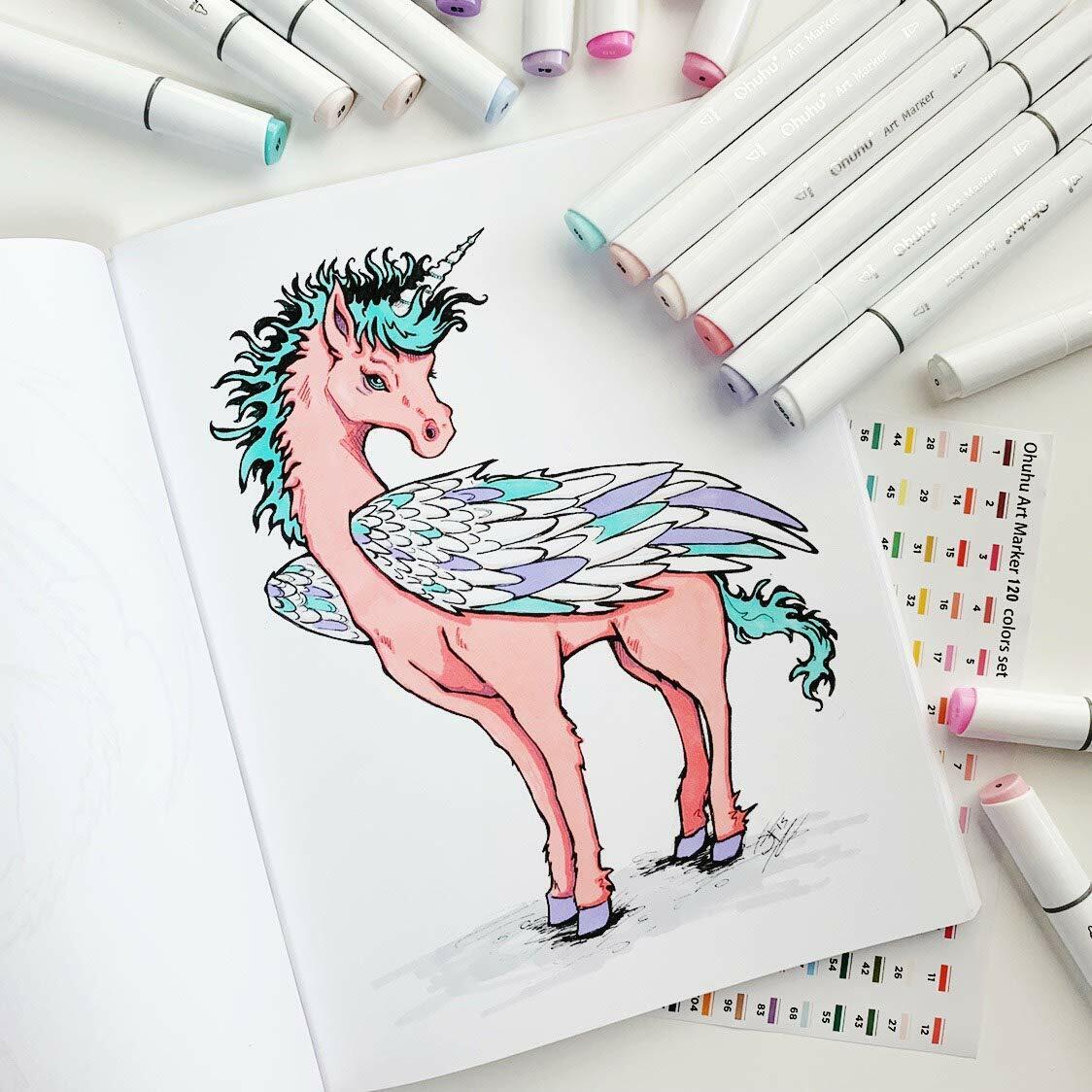 Ohuhu 100 Colors Dual Tip Art Markers, Permanent Marker Pens Highlighters