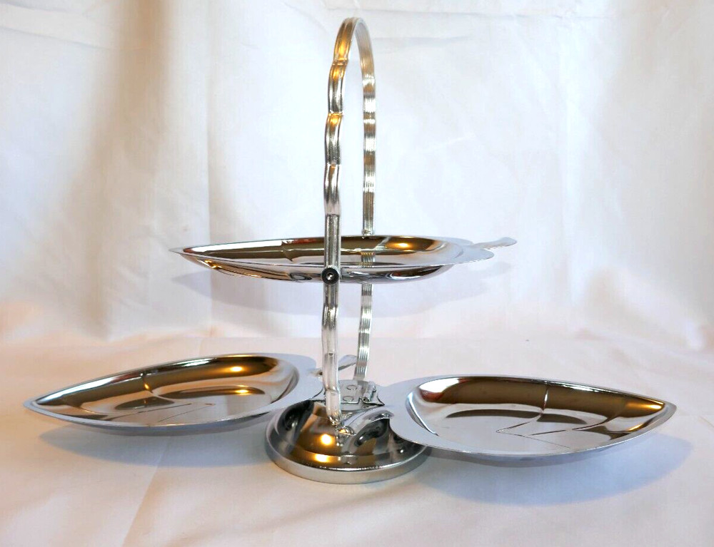 MCM Collapsible Silver Tone 3 Tier Leaf Serveware Snacks TrinketsJewelry Vintage