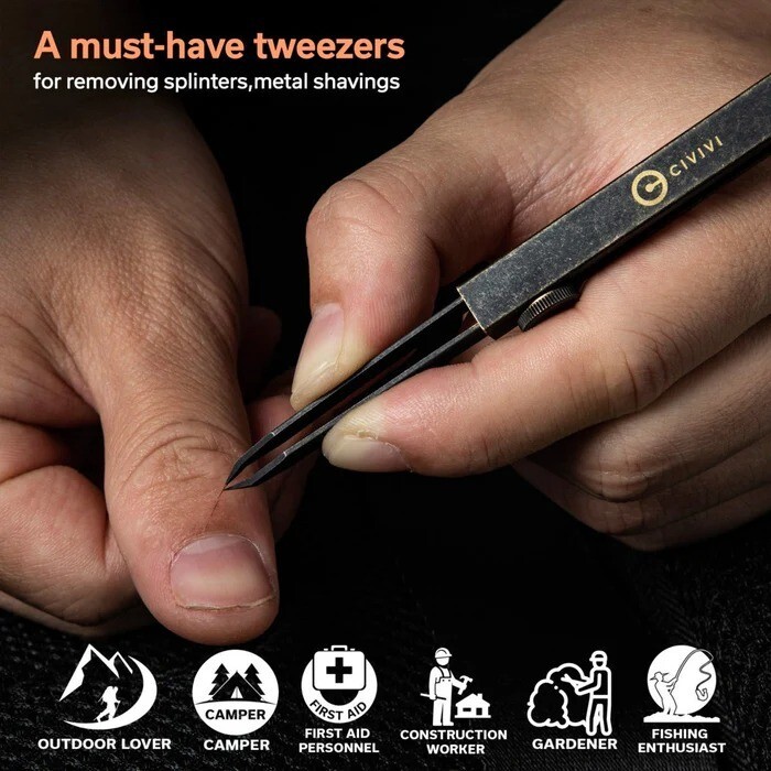 Civivi Tac-N-Tweeze Stainless Steel Tweezers Brass Handle Black Stonewash Finish