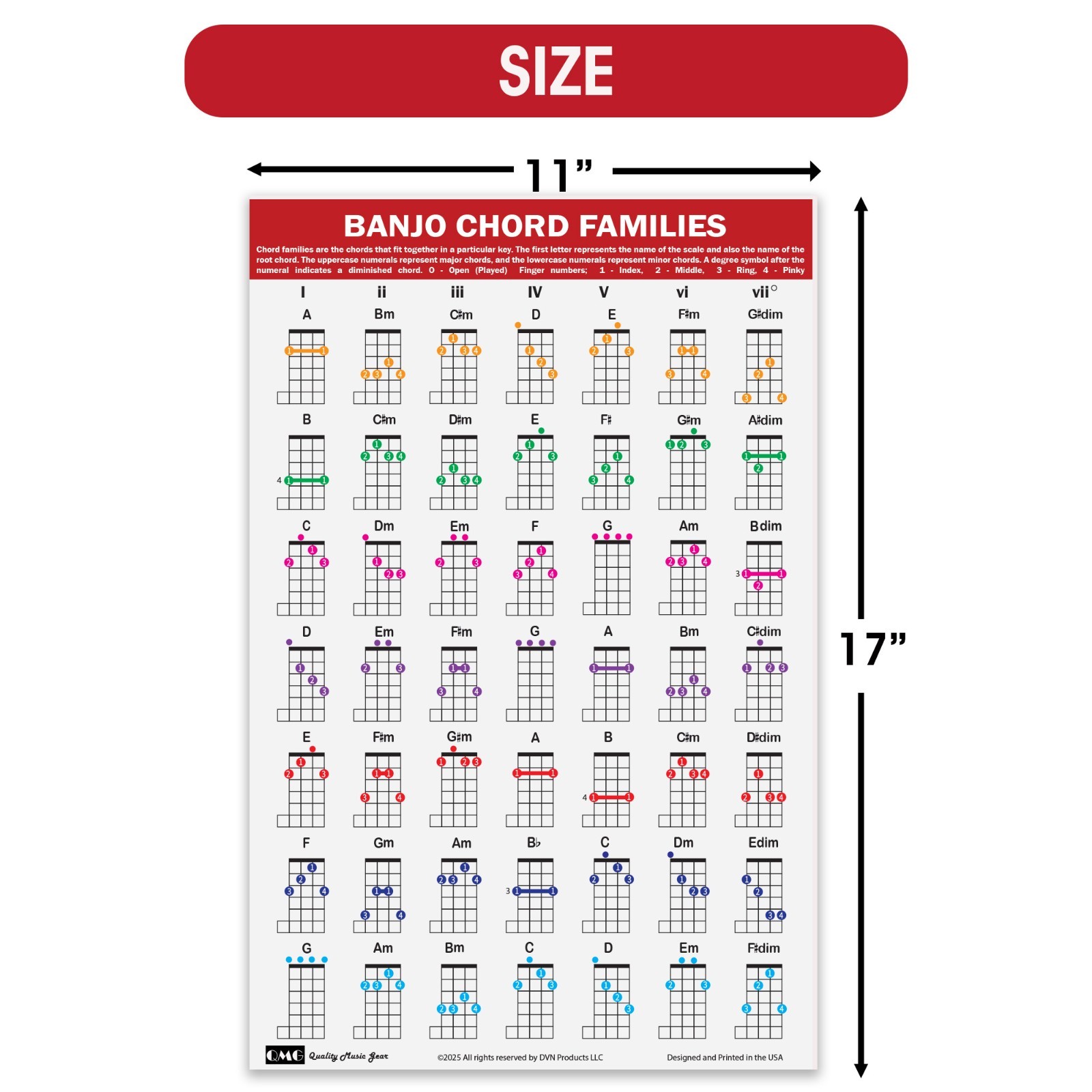 QMG Banjo Chord Families Poster (11"x17") – Laminated Chart 49 Color-Chords