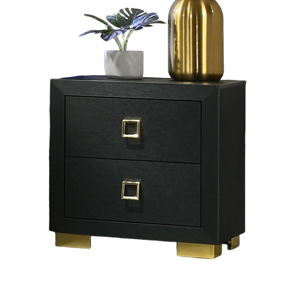 Gorgeous Black 1pc Nightstand Square Pull Handle Metal Legs Bedside Table