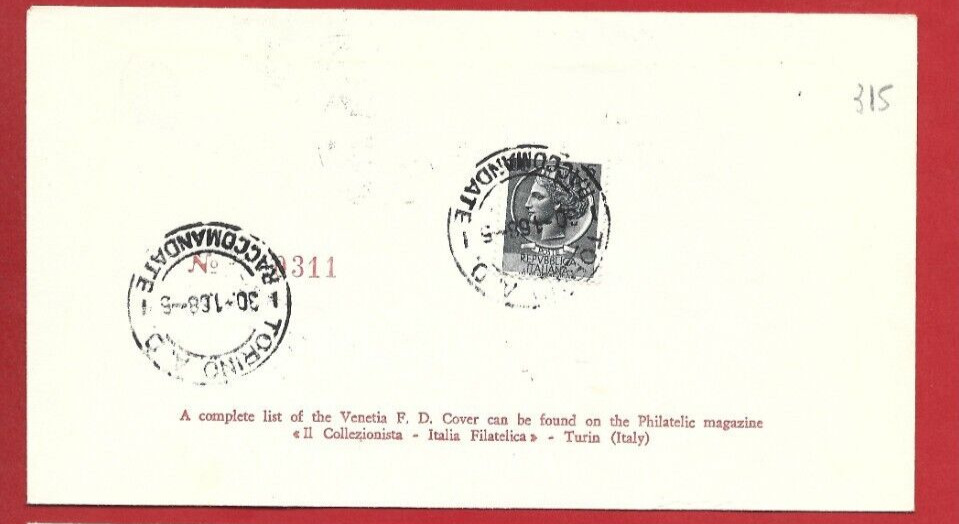 FDC VENETIA VG No. 264 - Postal Start Code RECOMMENDED VENICE 25 I 68