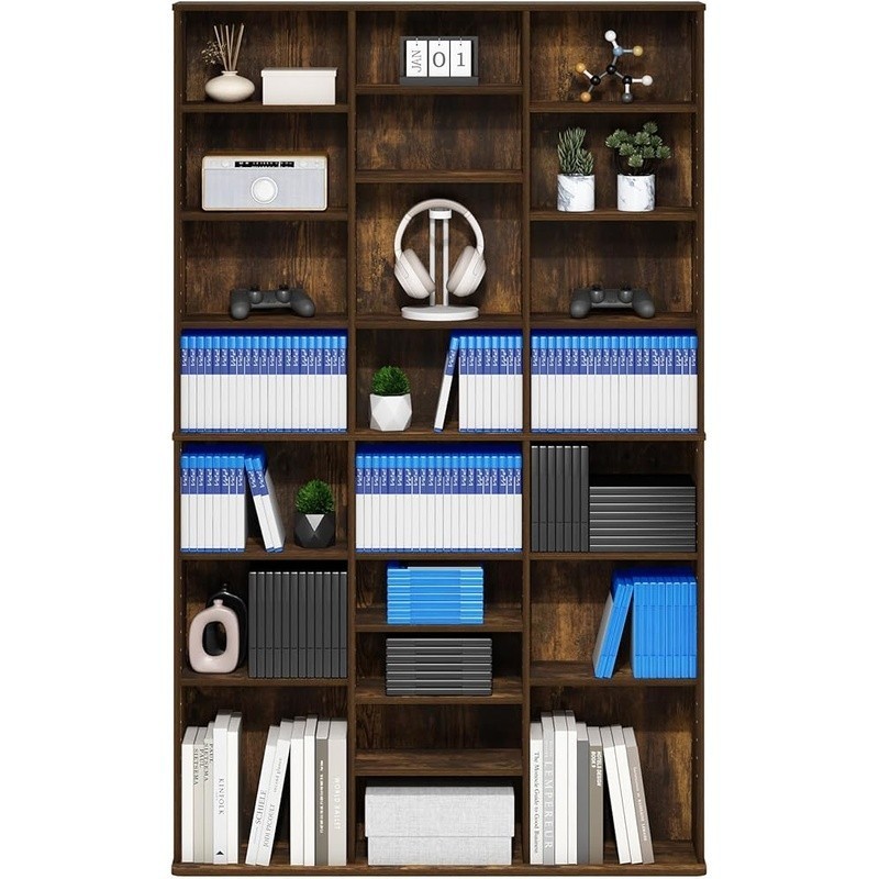 Wood Media Storage Rack Adjustable Shelf DVD CD Blu-ray Organizer Space Saving