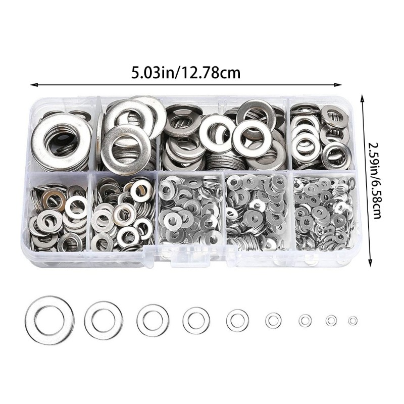 800Pcs Sturdy Stainless Steel Flat Washers Assortment Set Multiple Size