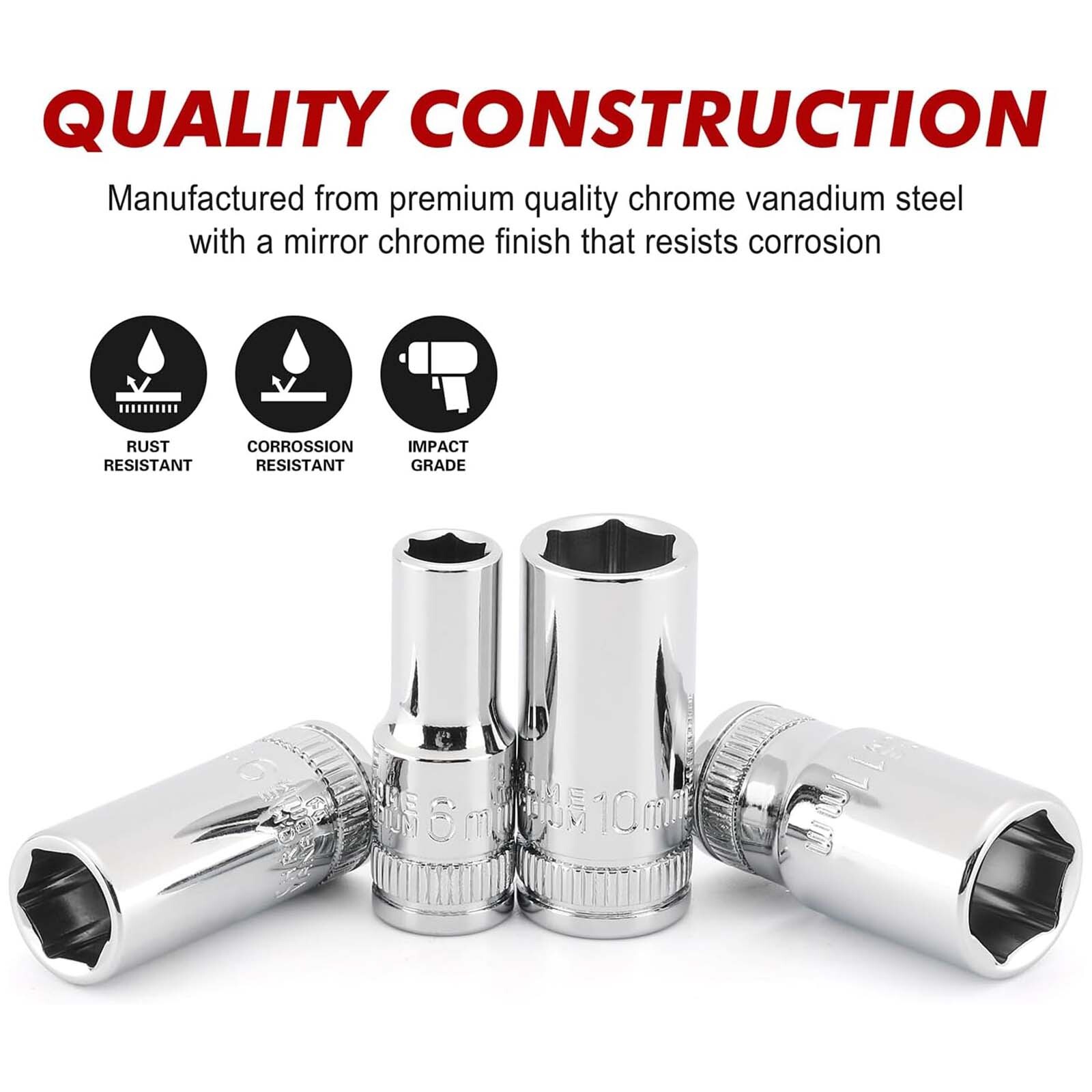 13PCS 1/4"Drive Mid-Length Socket Set, 6-Point Mirror Chrome Metric 4mm to 15mm