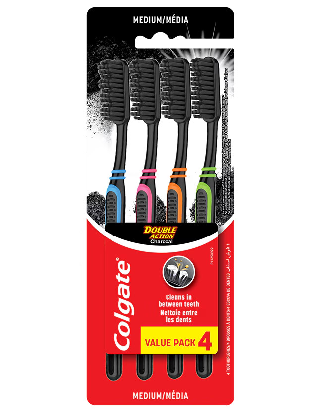 Colgate Double Action Charcoal Medium Toothbrush 4pk