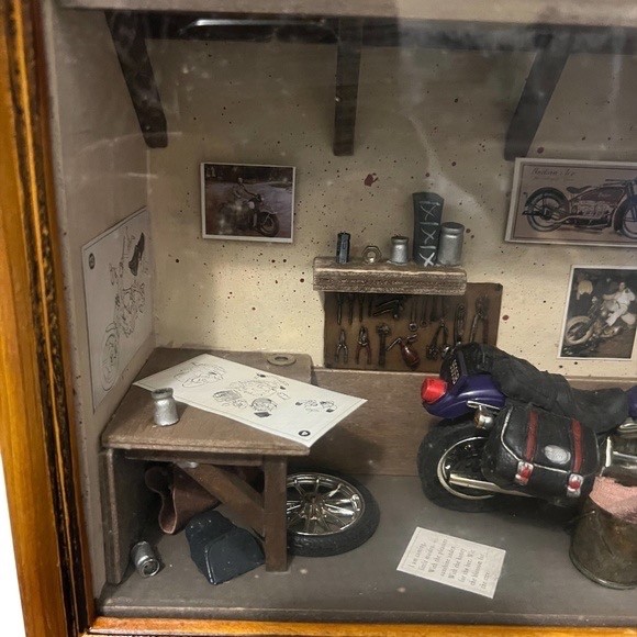 Vintage Motorcycle Garage Shop Diorama Shadow Box.