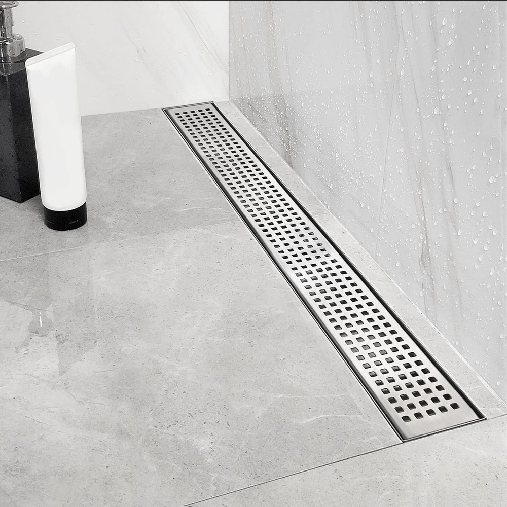 NeoDrain 24" Linear Rectangle Shower Drain Brushed Stainless Quadrato Pattern