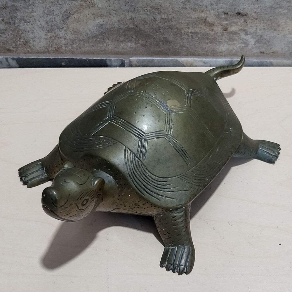 Vintage Etched Solid Brass Turtle Longevity Animal Tortoise