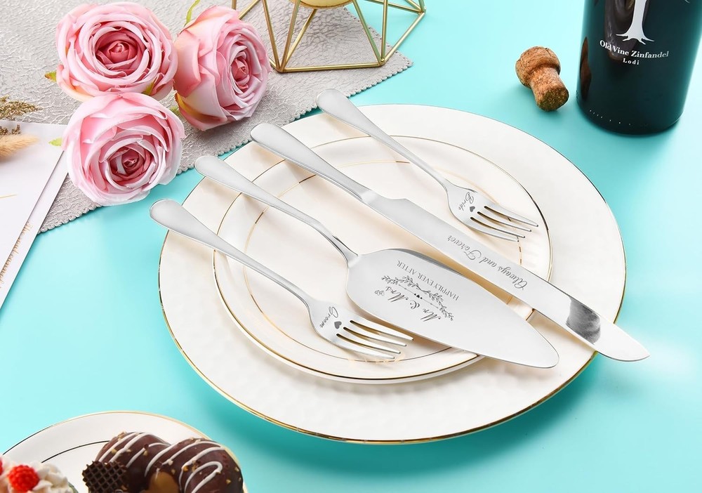 Wedding Cake Knife and Server Set, Silver Cake Cutting Set for Wedding, 4 Pie...