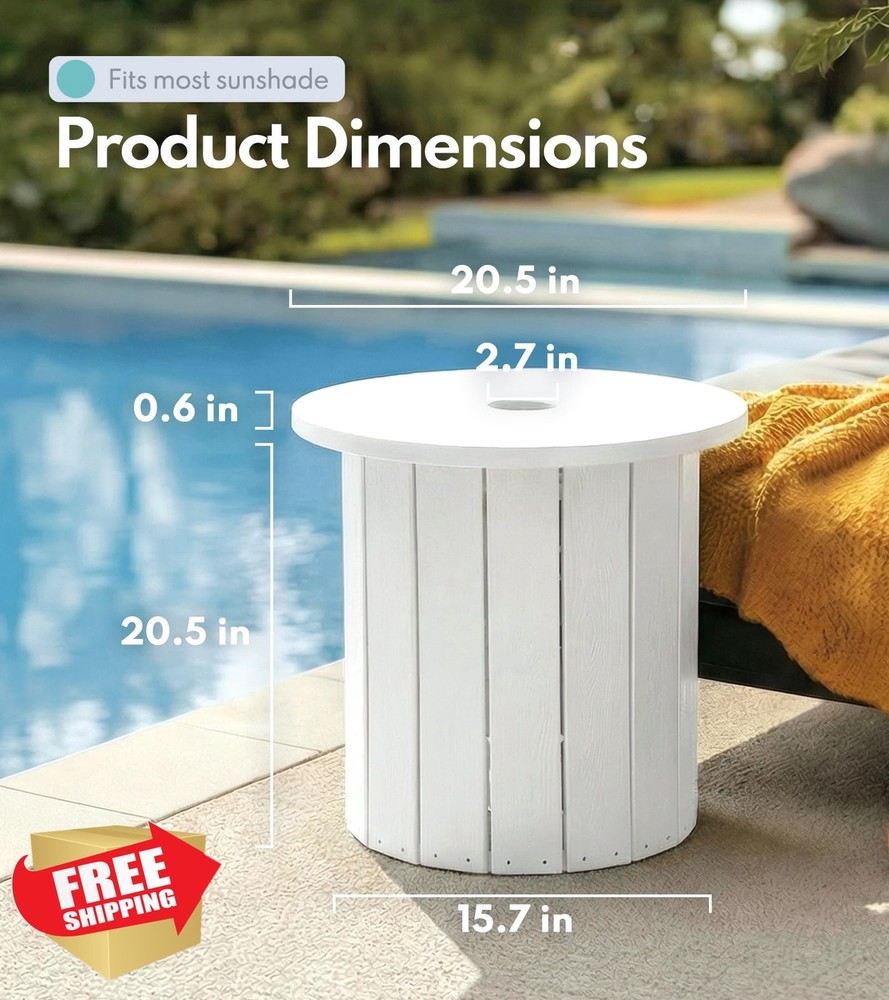 PASAMIC 2-in-1 Umbrella Side Table, Fillable Base, HDPE, White