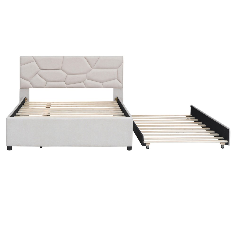 Full/Queen Size Bed Frame Upholstered Platform Bed with Headboard Beige/Gray
