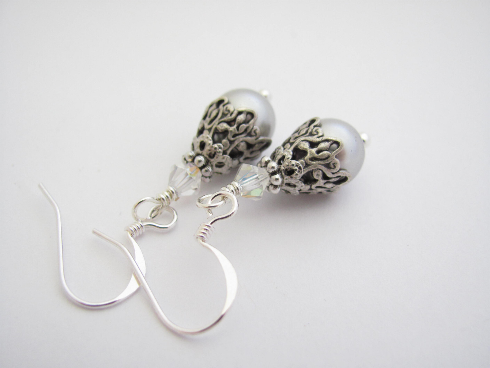 Silver Gray Crystal Pearl Earrings Birthday Wedding Gift Birthday Holiday Party