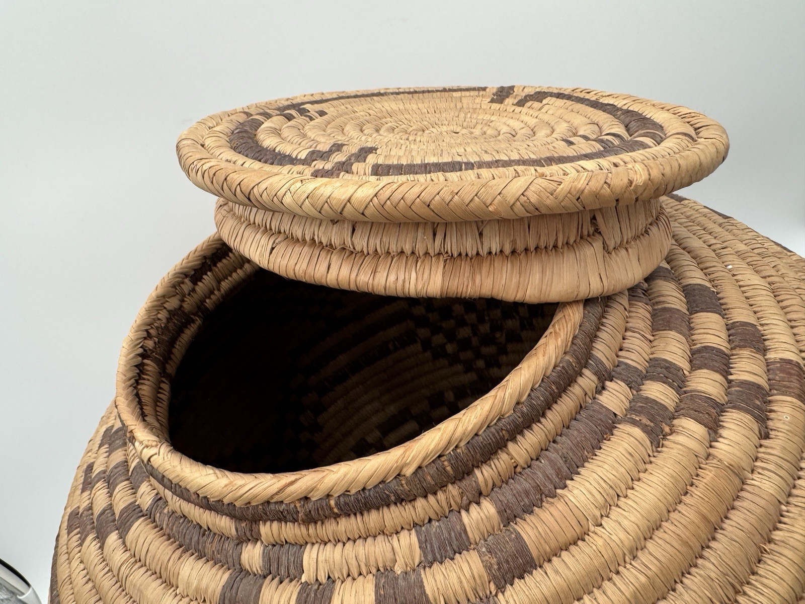 Antique African Indian Woven Basket With Fitted Lid
