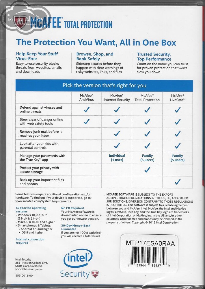 McAfee Total Protection 2017 1 Year 10 Devices