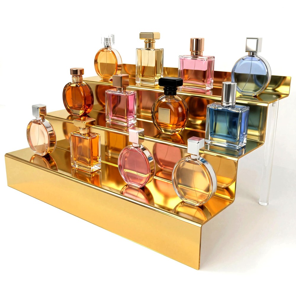 12 IN Mirror Gold Acrylic 3 Tier Display Riser Perfume Organizer, Perfume Col...