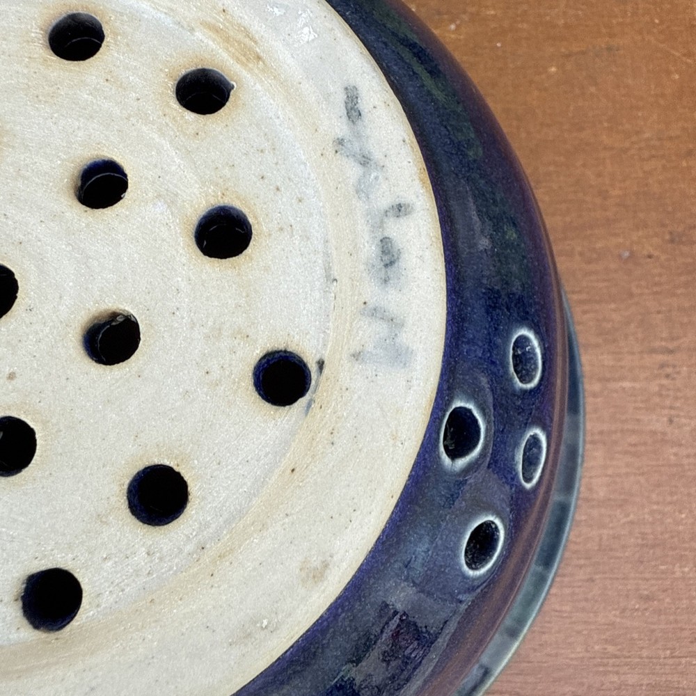 Studio Art Pottery Berry Bowl Colander Strainer Signed Blue