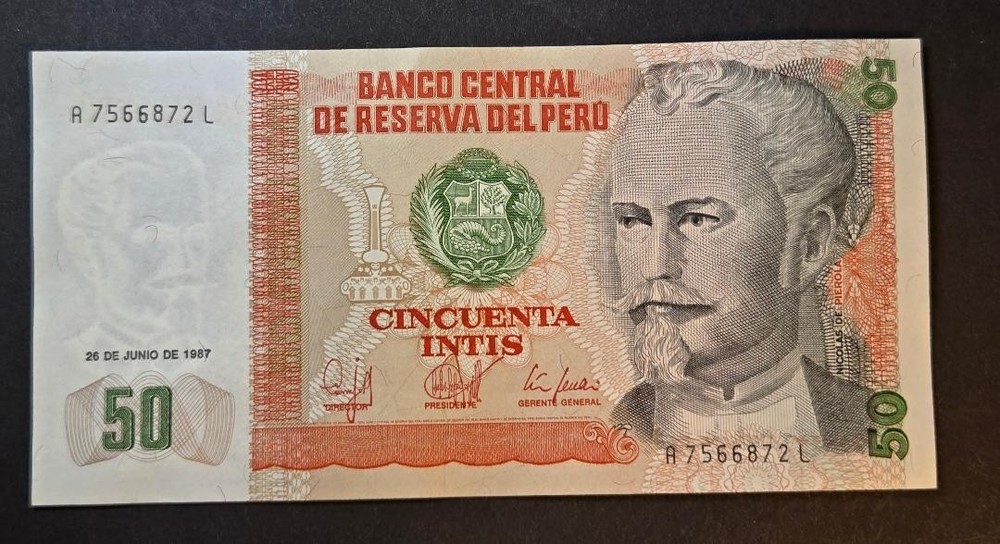 Peru 50 Intis banknote from 1987 appears uncirculated