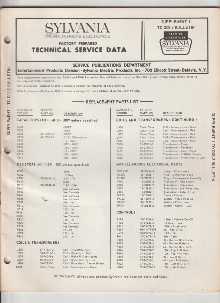 VINTAGE SYLVANIA Technical Service Data Supplement D08-4 Chassis - Complete