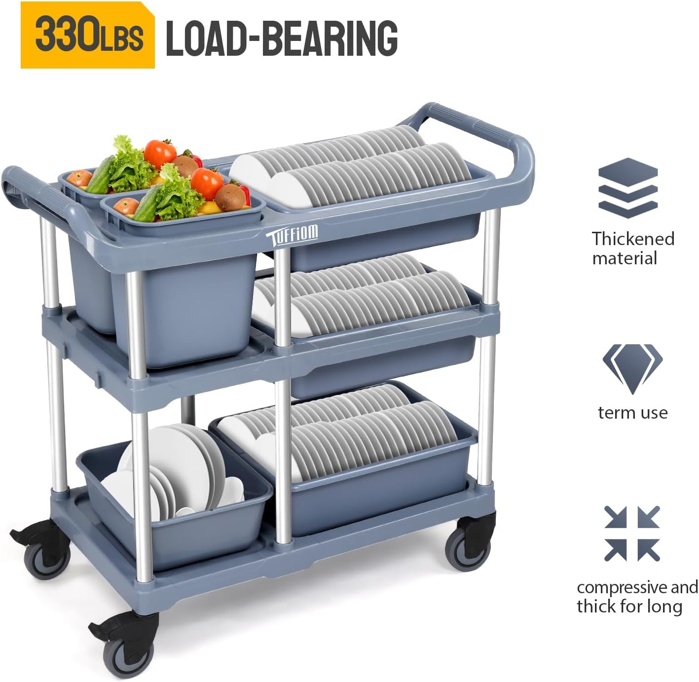 3-Tier Plastic Service Storage Utility Cart with Wheels and Large Storage Space