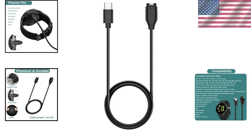 Durable Fast Charging USB-C Cable for Garmin Devices - 5W, 2.5 Hour Full Charge